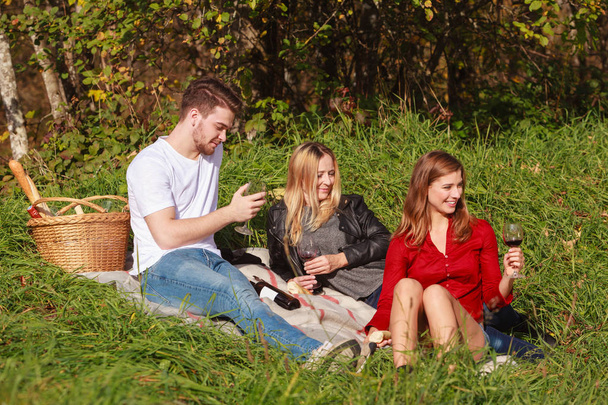Drei Freunde sitzen in der Wiese auf einer Decke beim Picknick  - Fotografie, Obrázek