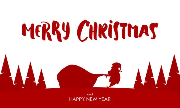 Design template of greeting card with Silhouette of Santa Claus pulls a heavy bag full of gifts. - Vector, Image