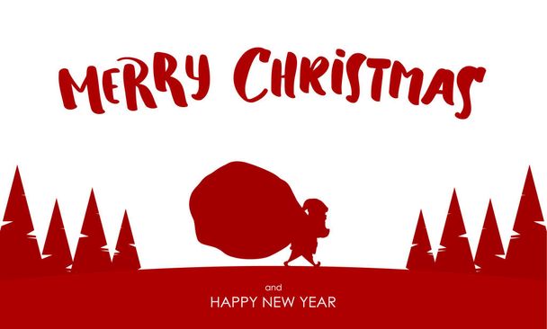 Дизайн-шаблон поздравительной открытки с силуэтом Санта-Клауса несет тяжелый мешок, полный подарков
. - Вектор,изображение