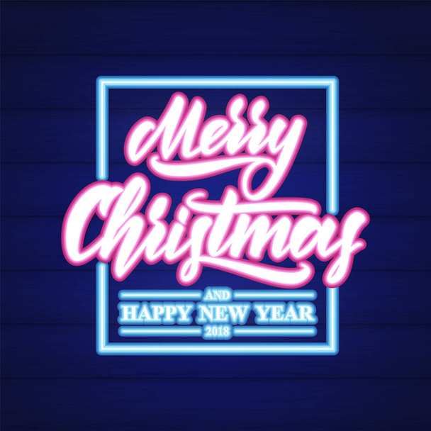 Neon type lettering of Merry Christmas and Happy New Year with in frame on dark wall background - Vector, Image