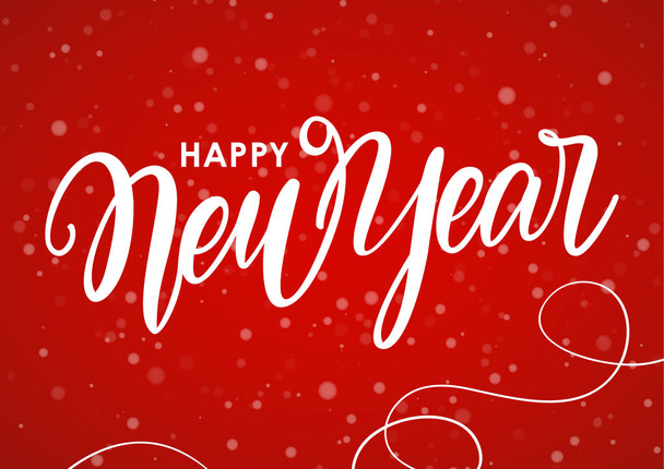 Το χέρι συντάσσονται κομψό σύγχρονο βούρτσα τύπου γράμματα του ευτυχισμένο το νέο έτος σε φόντο κόκκινο νιφάδες χιονιού. - Διάνυσμα, εικόνα