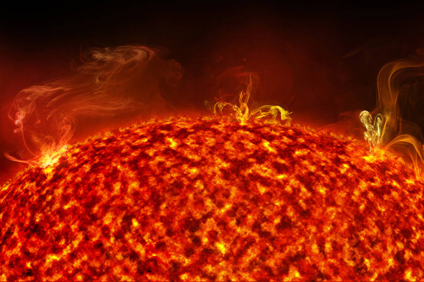 close up of solar flares on sun surface, 3d illustration - Foto, afbeelding