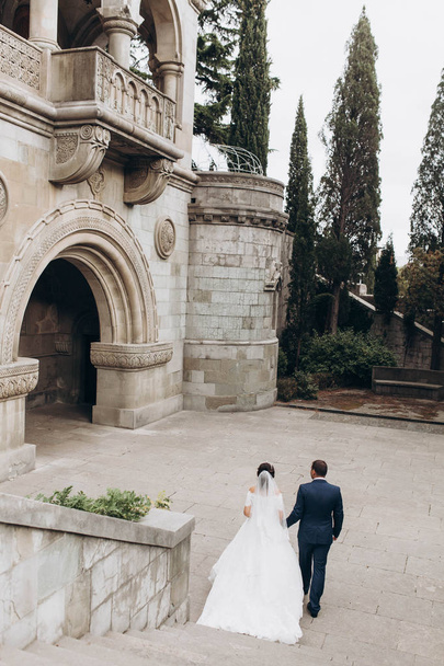 Svatební pár na pozadí kamenný palác a cypřišů - Fotografie, Obrázek