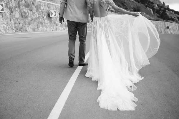 Stilvolles Hochzeitspaar, Frischvermählte auf einer Bergstraße vor schöner Aussicht - Foto, Bild