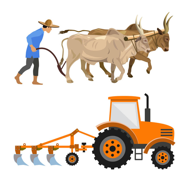 Plowing with cattle and farm tractor - Vector, Image