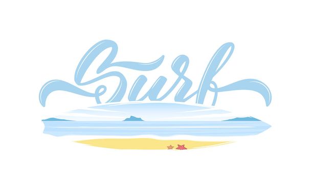 Calligraphic type lettering composition of Surf with double exposure of beach landscape on surfboard. - Vector, Image