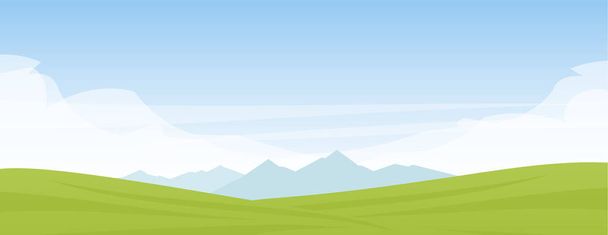 Vector illustration: Summer panoramic cartoon flat landscape with mountains, hills and green field. - Vector, imagen