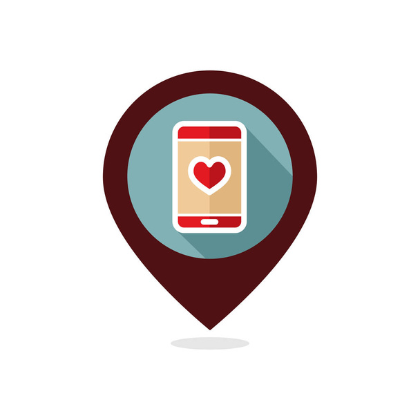 Kalp smartphone PIN harita simgesi, telefon görüşmesi - Vektör, Görsel