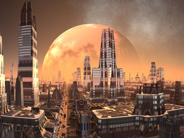 Planet-rise au-dessus d'Alien City of the Future
 - Photo, image