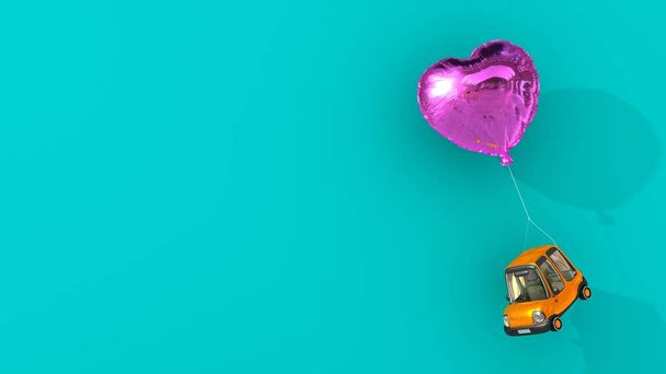 Oyuncak araba ve kalp folyo balon Levitated mavi zemin üzerine. 3D çizim. - Fotoğraf, Görsel