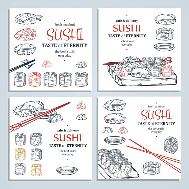 Doodle sushi and rolls on wood. Japanese traditional cuisine dishes illustration. - Vector, Image