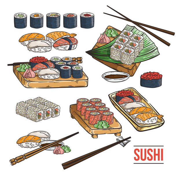 Doodle σούσι και ρόλους σε ξύλο. Σετ πιάτα ιαπωνικής παραδοσιακής κουζίνας. - Διάνυσμα, εικόνα