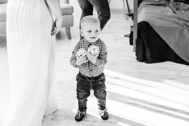 A little handsome boy on black and white photography keeps decor - Photo, Image