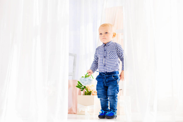 jonge kleine jongen in goede kleding houdt een blauwe bloem op de rug - Foto, afbeelding