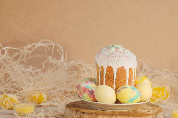 Pastel Easter egg. Pastel colored decorated easter eggs and Easter cake. - Photo, Image