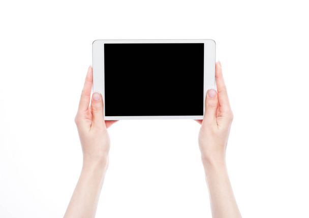 Kobiece ręce trzymając tablet graficzny na białym tle  - Zdjęcie, obraz