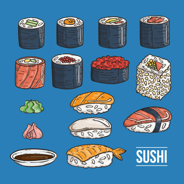 Doodle sushi japonés y la colección de rollos. Marisco fresco tradicional. Cocina asiática deliciosa. Arroz con salmón, anguila, alga
. - Vector, imagen