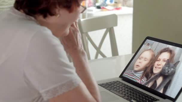old woman talk with her granddaughter on skype using a laptop - Filmagem, Vídeo