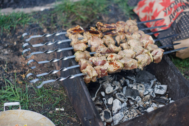 Pork on skewers cooked on the barbecue grill. Picnic in the street. - Foto, afbeelding