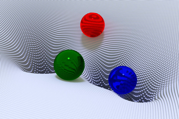 3d illustration of glass spheres and a funnel-shaped landscape consisting of hundreds of cuboids with a square base - Photo, Image