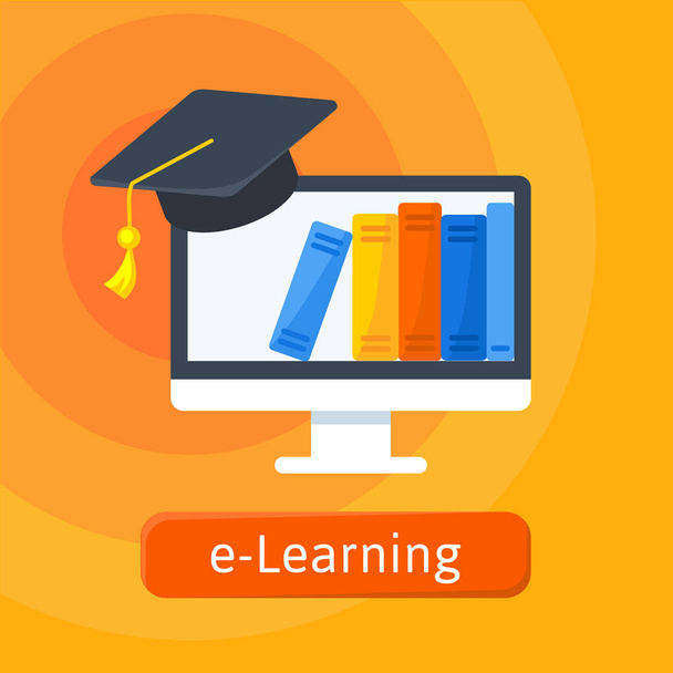E-Learning, Logovorlage für Online-Bildung. Digitale Bibliothek in Monitor-Emblem und Graduiertenmütze. Einfache Vektorillustration. - Vektor, Bild
