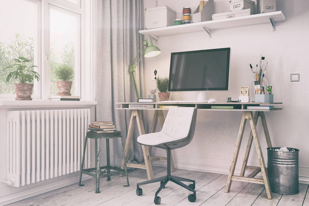 wygląd 3D render - skandynawskie nordic domowego biura - retro - Zdjęcie, obraz