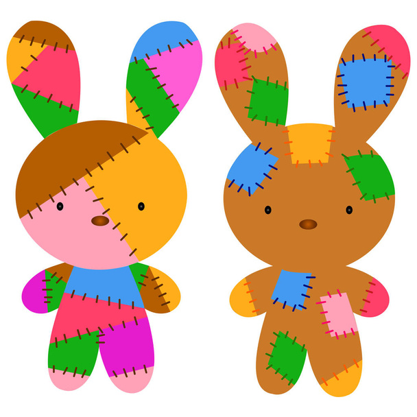 Dos muñecas de conejo bonito con tela de colores. Son estilo lindo
. - Vector, imagen