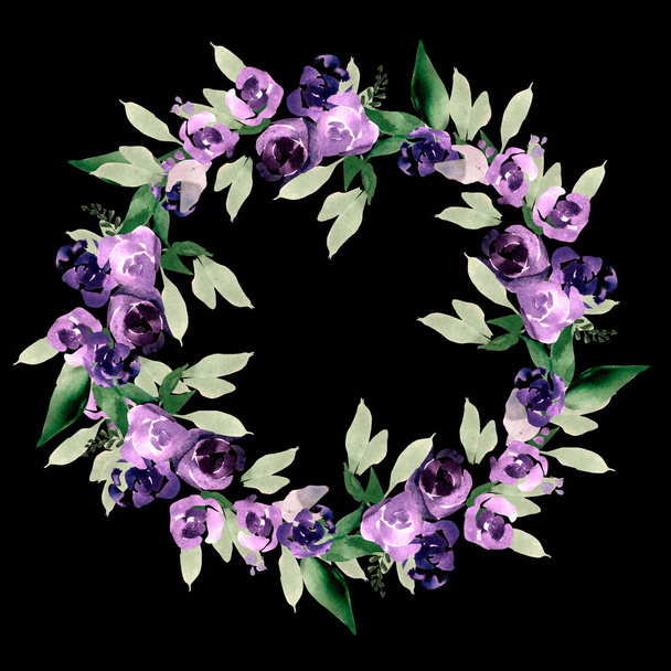 schöner Aquarell-Kranz mit lila Blüten.  - Foto, Bild