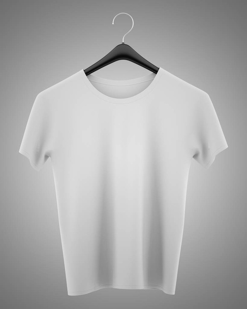 γκρι t-shirt σε ρούχα κρεμάστρα που απομονώνονται σε γκρι φόντο. 3D  - Φωτογραφία, εικόνα