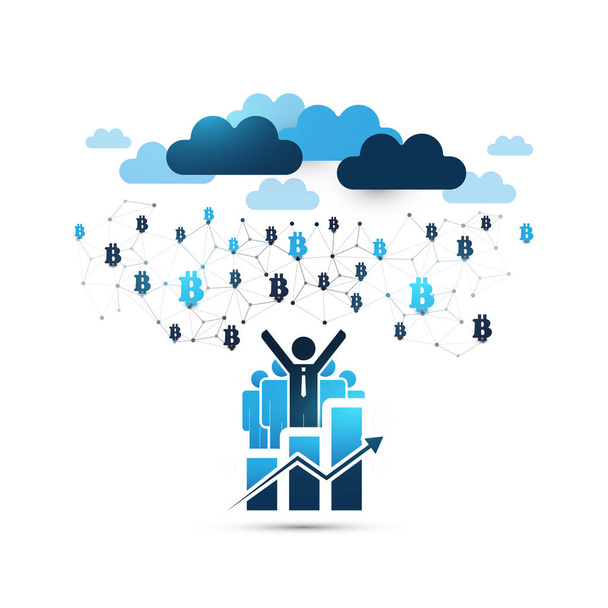 Concetto di progettazione del cloud computing blu con uomini d'affari felici Gestione aziendale online, connessioni di rete, background tecnologico
 - Vettoriali, immagini
