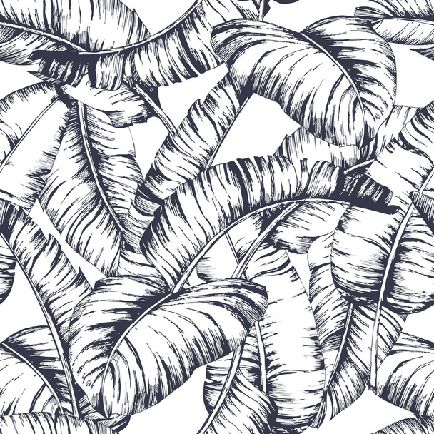 Seamless banana leaves pattern for fashion textile, black line plant vector illustration - ベクター画像