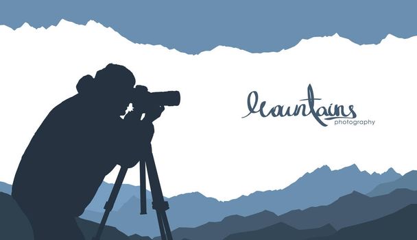Mountains template background with silhouette of nature photographer. - Vector, Image