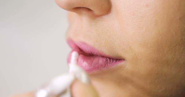 Close up of visagist coloring woman lips, daily soft makeup - Filmagem, Vídeo