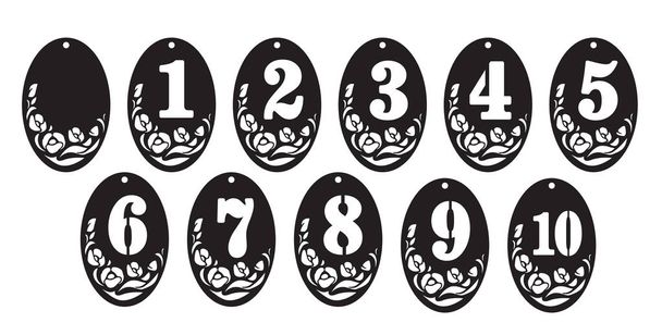 Vector numbers for guests tables for laser cutting. Wood/ plastic with figures and flowers.  - ベクター画像