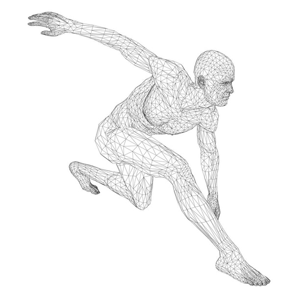 Чоловічий спортсмен, дисковод або бігун, в режимі очікування або низький старт. Погляди з різних сторін. Векторна ілюстрація чорної трикутної сітки на білому тлі
. - Вектор, зображення