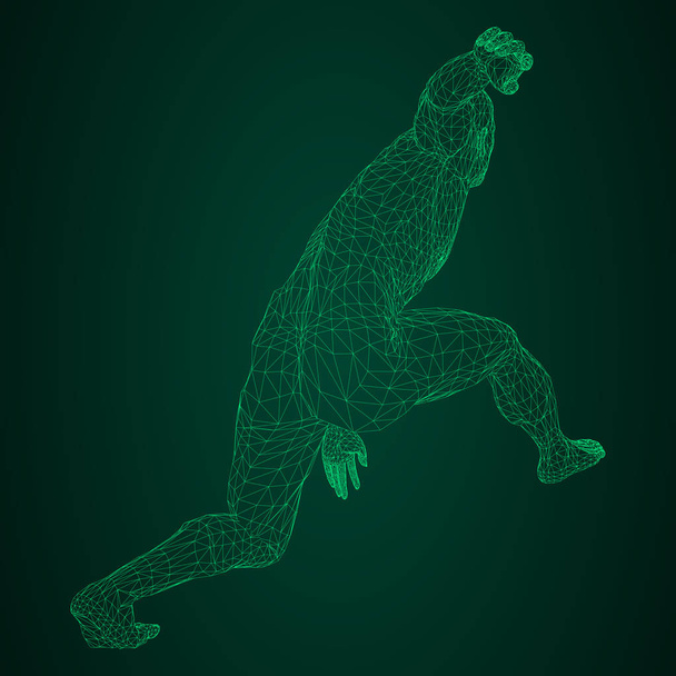 Чоловічий спортсмен, дисковод або бігун, в режимі очікування або низький старт. Погляди з різних сторін. Векторна ілюстрація зеленого неону, що світиться трикутної сітки на чорно-зеленому фоні
. - Вектор, зображення