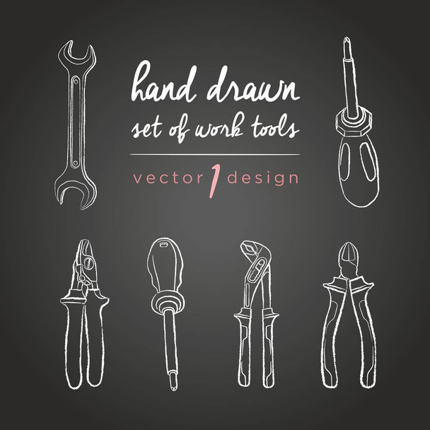 Working tools. Tools repair icons for work. Vector set of hand-drawn manual instruments on the blackboard.DIY tools - Vector, Image