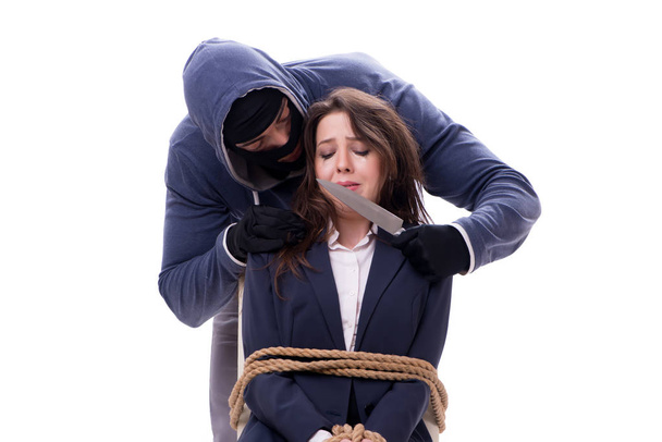 Knifeman ameaçando amarrado mulher
 - Foto, Imagem