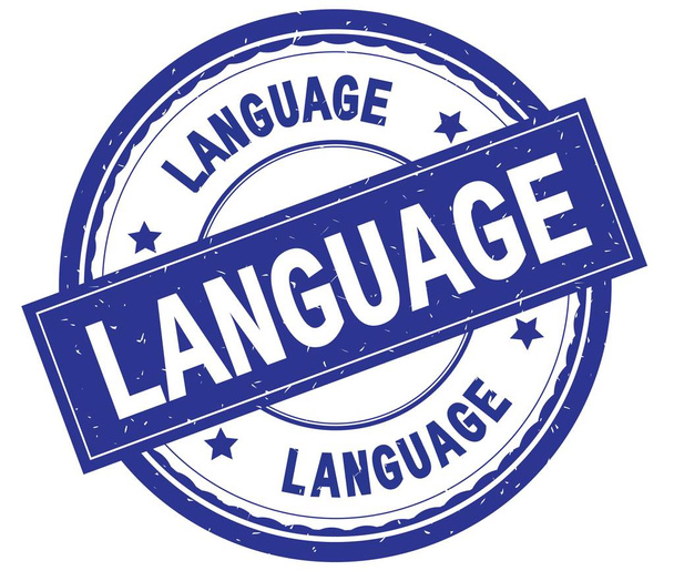 LANGUAGE, written text on blue round rubber stamp
. - Фото, изображение