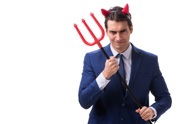 Evil devil businessman with pitchfork isolated on white backgrou - Photo, Image