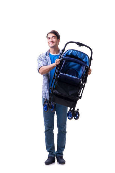 Jovem pai com carrinho de bebê isolado em branco
 - Foto, Imagem