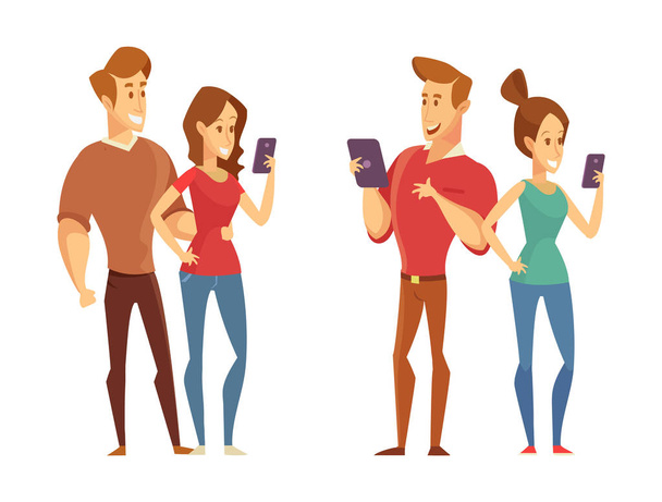 Man and woman use mobile phones and gadgets. Reading a messenger. Vector illustration in a flat style. - Vector, Image