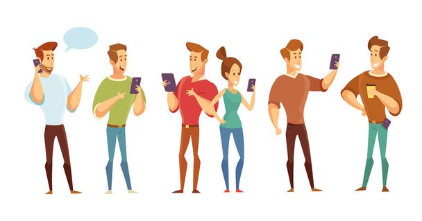 Hombre y mujer usan teléfonos móviles y gadgets. Leyendo un mensajero. Ilustración vectorial en un estilo plano
. - Vector, Imagen