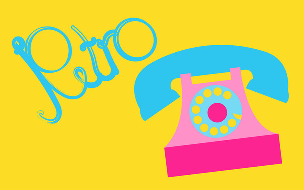 Ρετρό, παλαιό, αντίκα, hipster, παλιάς χρονολογίας, αρχαία, δίσκο, ροζ τηλέφωνο με ένα σωλήνα με μια ρετρό επιγραφή γραμμένη σε όμορφο μπλε γράμματα σε κίτρινο φόντο. Εικονογράφηση διάνυσμα. - Διάνυσμα, εικόνα