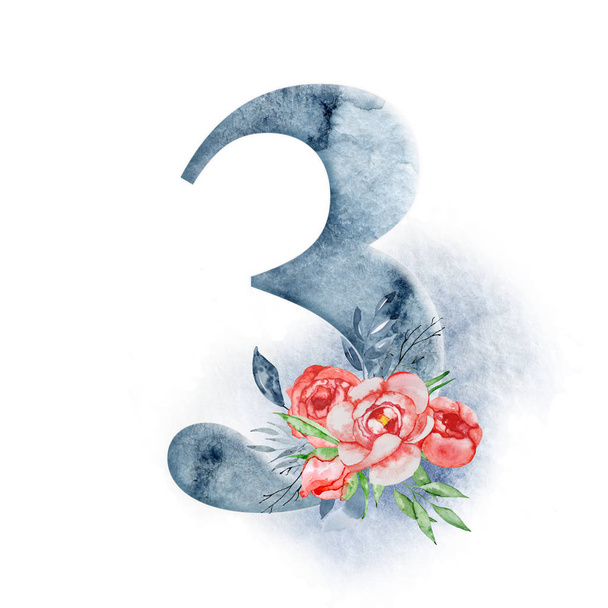 Floral watercolor alphabet. Watercolor number 3 with peonies flowers and leves. Romantic monogram - Foto, Imagen