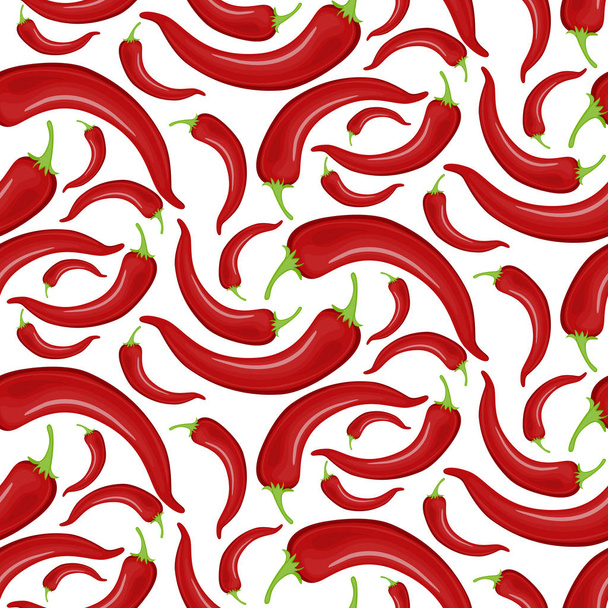 Chili pepper seamless pattern. Beautiful bright red peppers on a white background. - Vector, Image