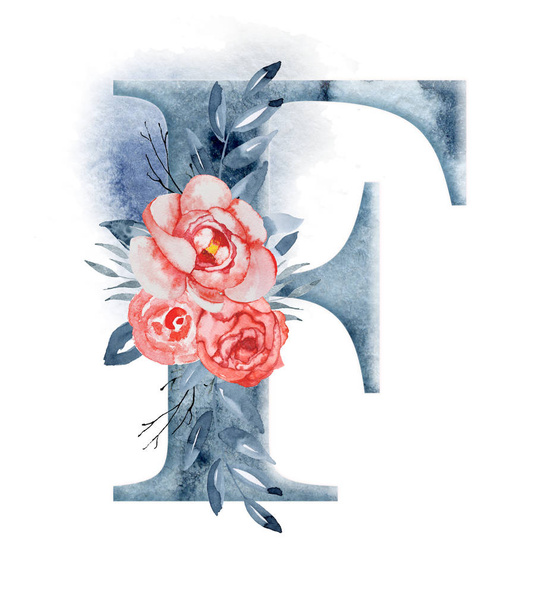 Floral watercolor alphabet. Monogram initial letter F design with hand drawn peony flower - Fotoğraf, Görsel