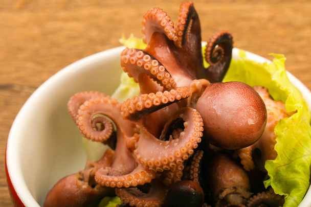 Boiled baby octopuses over salad leaves - Photo, Image
