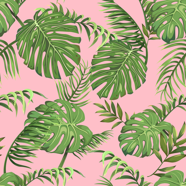 Patrón sin costuras con hojas de palmeras sobre un fondo rosa
 - Vector, imagen