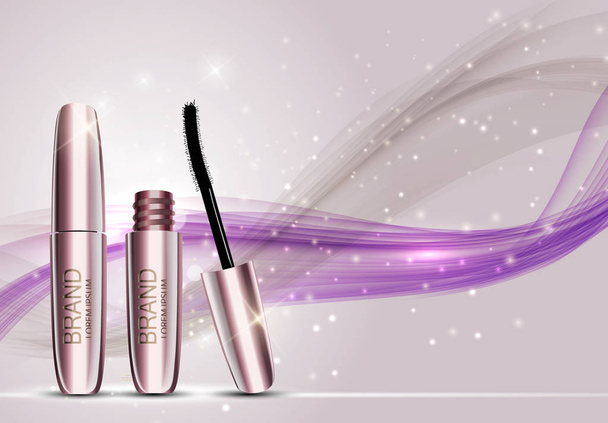 Fashion Design Makeup Cosmetics Product  Template for Ads or Magazine Background.  Mascara Product Series Reportv 3D Realistic Vector Iillustration - Vector, Image
